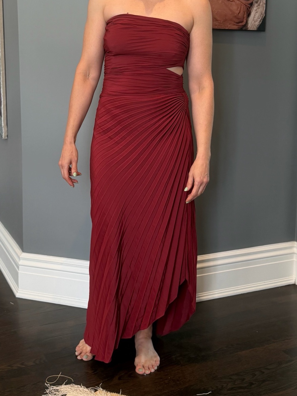 A.L.C. Strapless Pleated Maxi Dress in Burgundy Red